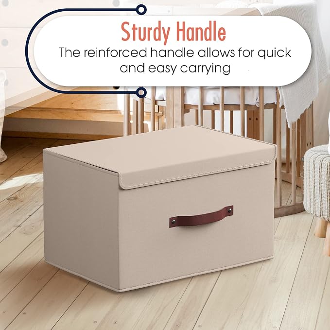 Ornavo Home 3 Pack Collapsible Storage Bins with Lid, 16.5x11.8x7.5, Beige | Foldable Linen Fabric; Faux Leather Handles; Ideal Closet Organizer & Large Storage Box for Clothes and Shelves
