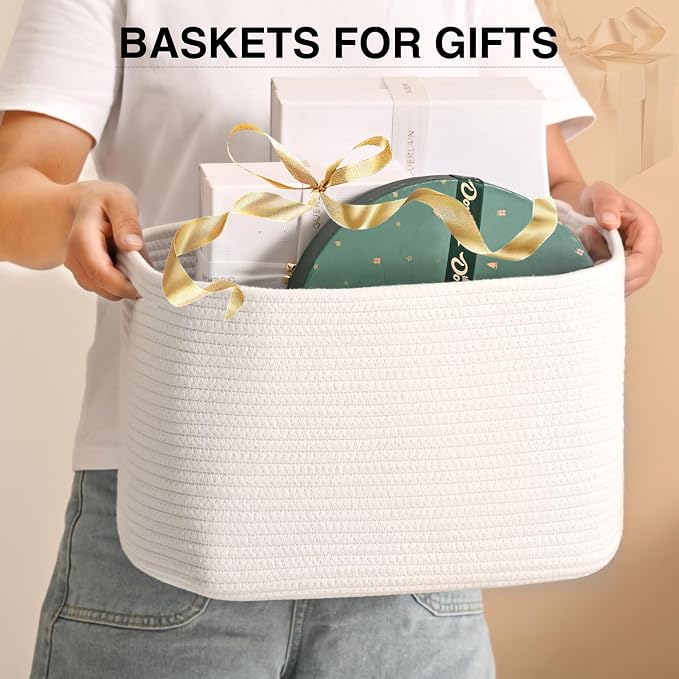 ICERZCZ Woven Cotton Rope Storage Basket for Organizing, Cute Decorative Baskets for Gifts Empty, Organizer Bins for Dog Toy, Baby Laundry, 17“×13”×9.5“, Off White