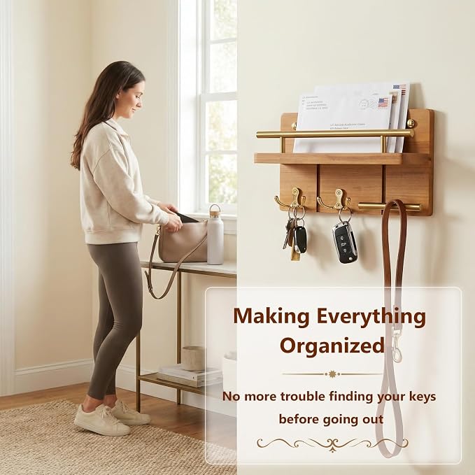9.8” Solid Teak Wood Key Holder Wall Mount with Shelf and Hooks | Crafted from natural solid teak wood with unique grain patterns, bringing warmth and elegance to your entryway