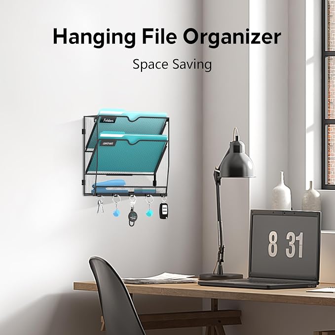 Wall File Organizer - Hanging File Organizer with 5 Hooks, Mail Holder Wall Mounted for Papers, Folders, Magazines, Bills, 3 Tier Office&School Organization, Black