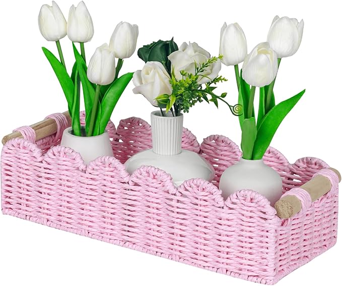 CubesLand Paper Rope Scalloped Edge Gift Basket Empty | Small Living Room,Bedroom Decor Baskets, Pink Woven Toilet Paper Storage Basket, with 2 Wooden Handle, Rectangular