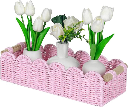 CubesLand Paper Rope Scalloped Edge Gift Basket Empty | Small Living Room,Bedroom Decor Baskets, Pink Woven Toilet Paper Storage Basket, with 2 Wooden Handle, Rectangular