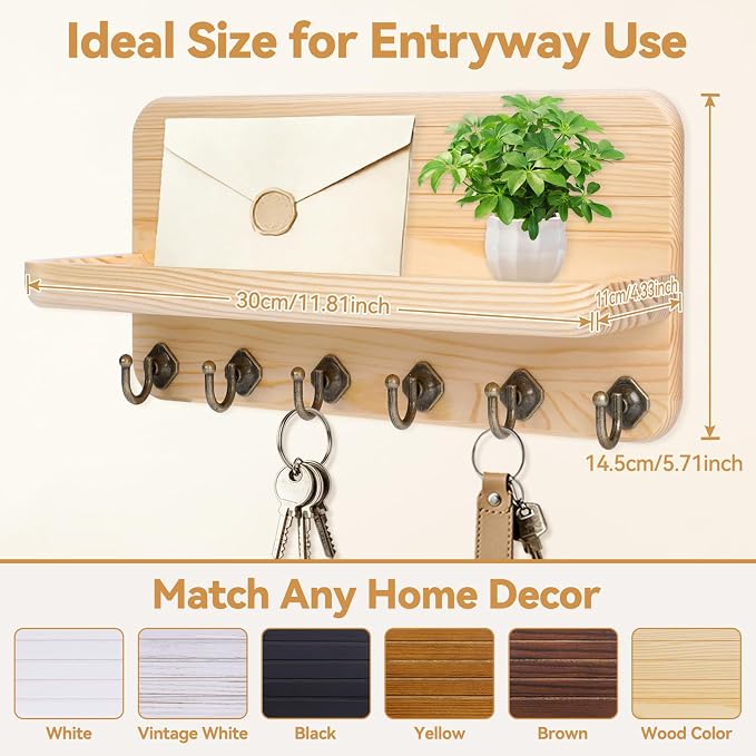 Key Holder for Wall, Mail Organizer Wall Mount with 6 Hooks Wooden Hanging Key Rack for Home Decor, Hallway, Entryway (Wood Color)