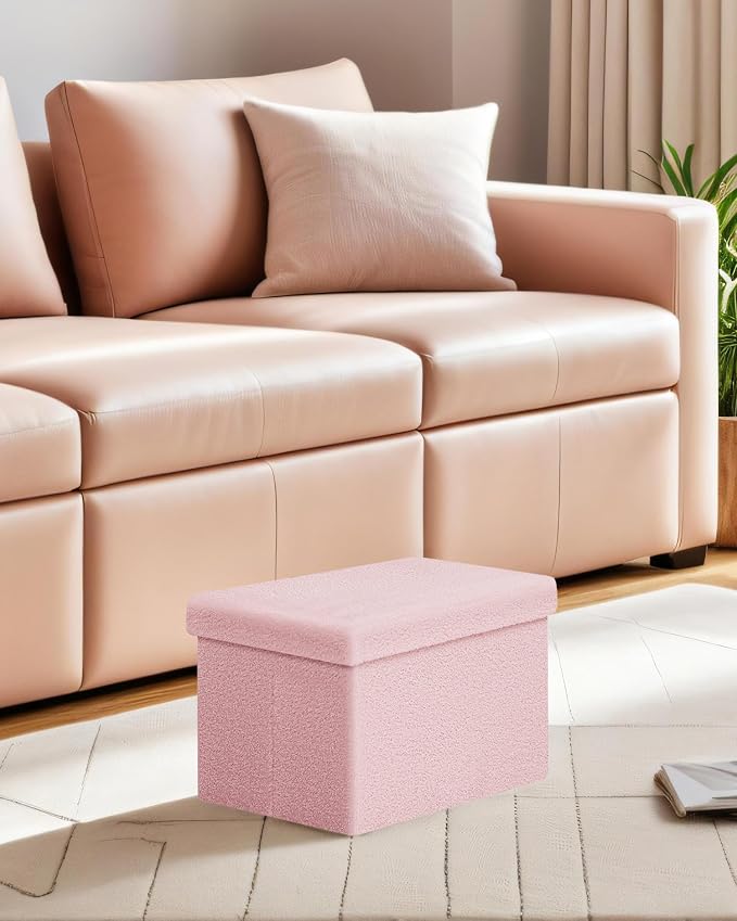 Small Ottoman with Storage, Sherpa Storage Ottoman Cube, Boucle Folding Foot Rest for Dorm, Living Room, Bedroom, Pink, 16.5"x12.6"x12.6"
