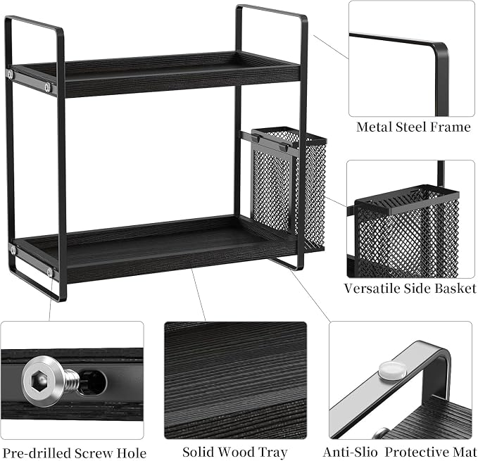 Bathroom Organizer Countertop, Counter Organizer for Bathroom Decor, Wooden Sink Shelf for Vanity Storage, Makeup Tray for Perfume Skincare Bedroom Kitchen Corner (Black)