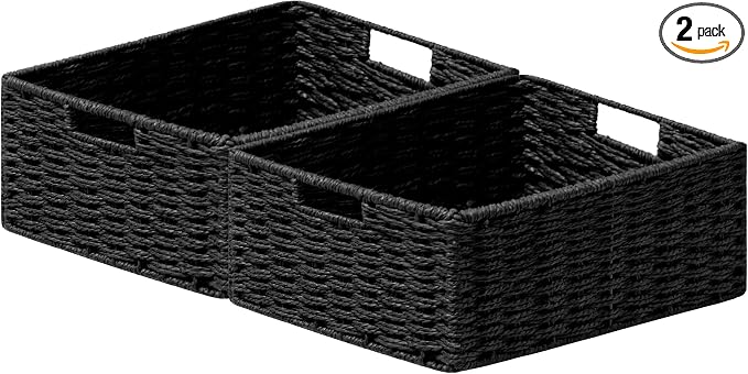 joybest Black Wicker Baskets for Shelves, Hand-woven Storage Baskets | 13L x 10W x 5H inch for Pantry, Kichen Organizing, Foldable Rectangular Bin with Handles, 2-pack