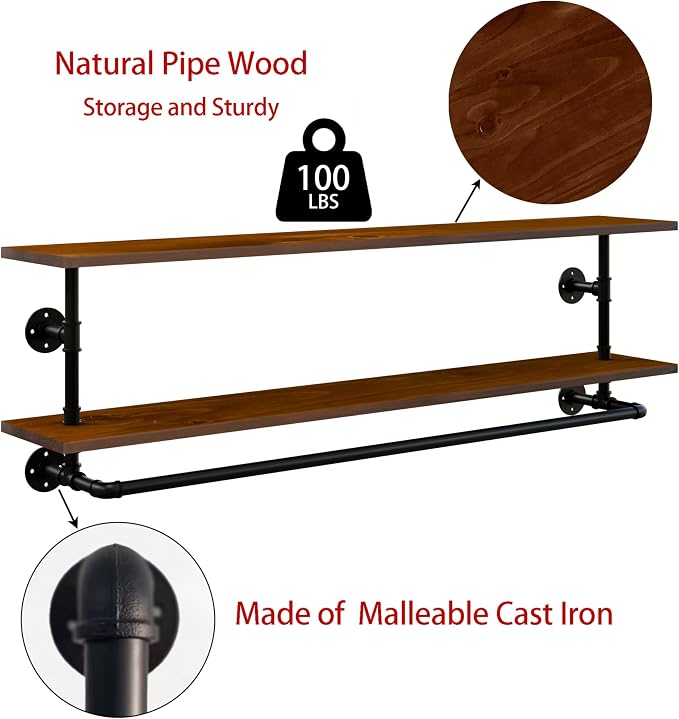 Clothes Rack 48in, Wall Mounted Garment Rack with Real Walnut Wood Shelf, Heavy Duty Hanging Clothes Rack, Multi-Purpose Hanging Rod, Space-Saving Closet Storage (Walnut, 2T48IN)