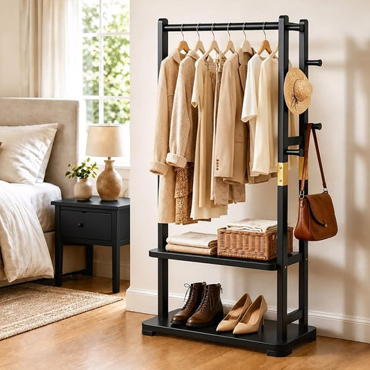 Solid Wood Clothes Rack with 2 Shelves & 4 Hooks for Hanging Clothes Garment Wallets Hats, Black Clothing Rack Heavy Duty Coat Rack Freestanding with Storage Hall Tree for Hallway Bedroom Living Room | Hallway bedroom living room, durable wood construc...