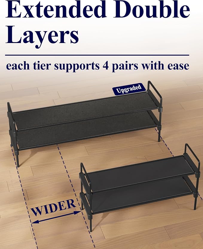 Kitsure Long Shoe Rack for Closet, 36.1" Wide - 2 Tiers, Black | Shoe Organizer for Front Door Entrance, Stackable Shoe Shelf, Closet Organizers and Storage