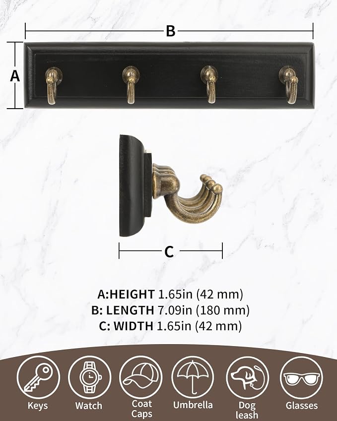 CypherX Key Holder Wall Mount Adhesive, Easy Removal Super Adhesive Tapes, No Damage Small Key Rack with 4 Hooks for Entryway Door Bathroom and Kitchen (Black)