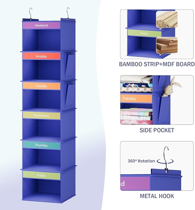 YOUDENOVA Weekly Clothes Organizer for Kids, Hanging Closet Organizer, Blue | Days of the Week Clothes Organizer, Reinforced Bamboo Slats, Kids' School Outfit Planning, Breathable Fabric, 2 Side Pockets