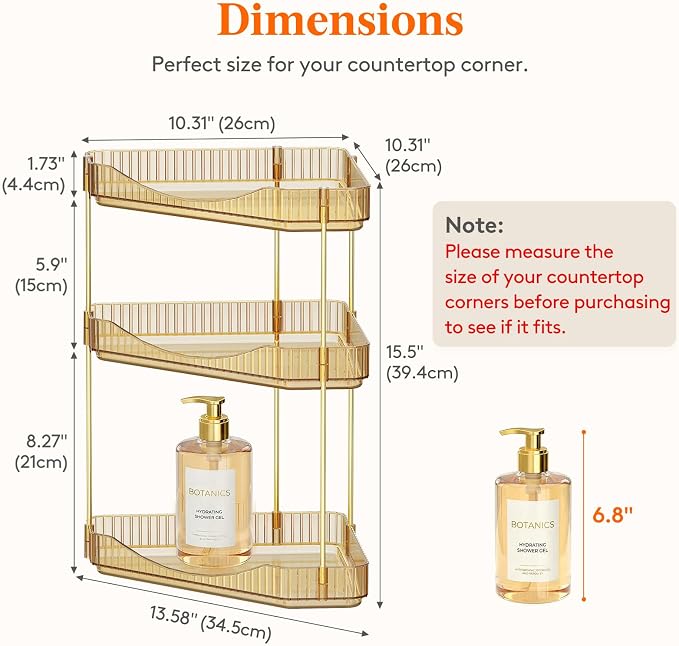 Lifewit 3 Tier Corner Bathroom Counter Organizers and Storage, Golden | Plastic Makeup Skincare Organizers Countertop, Large Sink Cosmetic Perfume Shelf for Bedroom, Dresser, Kitchen, Vanity