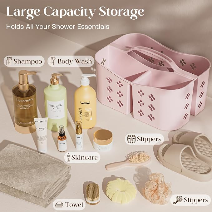 Portable Shower Caddy with Handle, Large Capacity Shower Basket Organizer, Quick-Drain Bathroom Storage Tote, Durable Plastic Shower Organizer for College Dorm, Beach, Gym, Travel Essentials, Pink