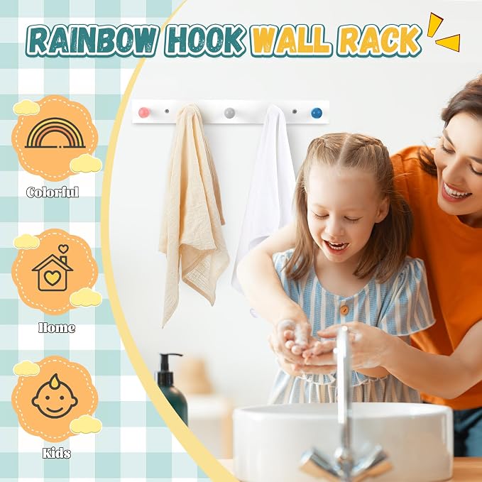 Maitys 2 Pcs Kids Coat Rack Wall Mount Kids Wall Hooks Rainbow Coat Rack Hooks for Boys Girls Toddler Cute Bathroom Decor Colorful Backpack Hanger Supplies for Clothes Hat Towel in Bedroom(Round)