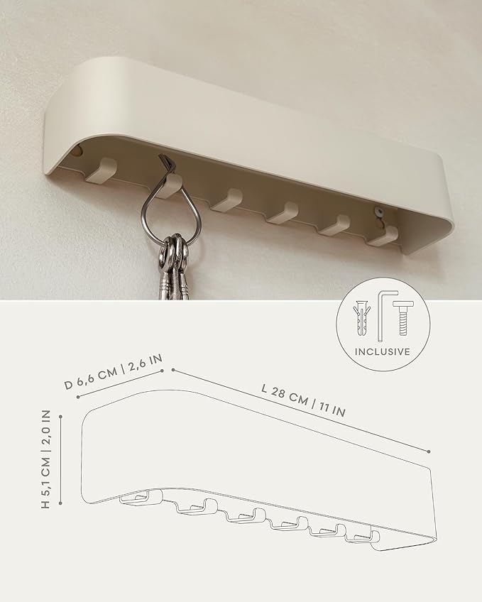 Kazai. Key Holder for Wall 'Tone' | Minimalist Key Hooks Design from Berlin | Modern Key Hanger with Metal Shelf | Key Hook Wall Mounted as Hallway Furniture | Sand Taupe