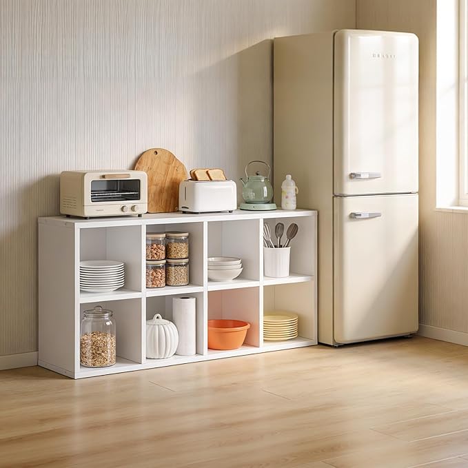 LUCKLIFE 8-Cube Storage Organizer, Stackable Modular Bookcase Shelf with Vertical or Horizontal Use, Fits 11×11" Bins, Optional Back Panels, for Living Room, Office, Off White
