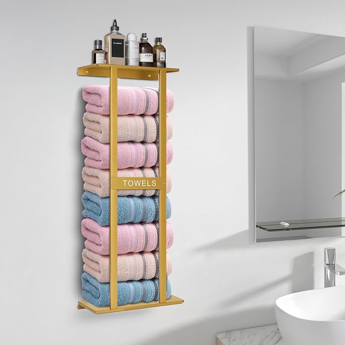 Bathroom Towel Storage Rack, Wall Mounted Bathroom Towel Rack, 30 inch Heavy Duty 6 Large Towels, Wall Mounted Towel Rack for Rolled Towels, Gold