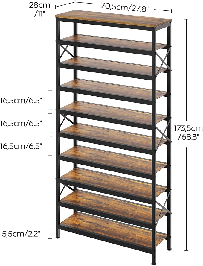 10-Tier Tall Shoe Rack Organizer, Wooden Shoe Storage for Closet Holds 40 Pairs, Sturdy Shoe Shelf with X-Shaped Metal Support, for Entryway, Bedroom, Rustic Brown and Black SS210BR