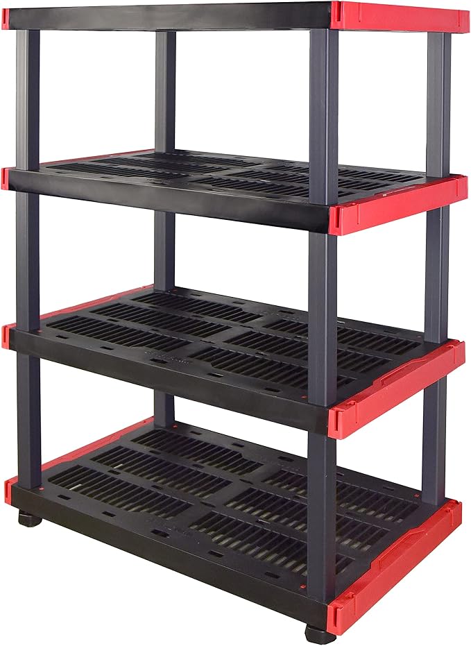CX Craftsman 4-Tier Heavy Duty Plastic Storage Shelves, Garage Organization | 4-tier storage rack organizes garages, workshops & basements, 200 lb/shelf, 55H x 40W x 24D, easy assembly, black/red