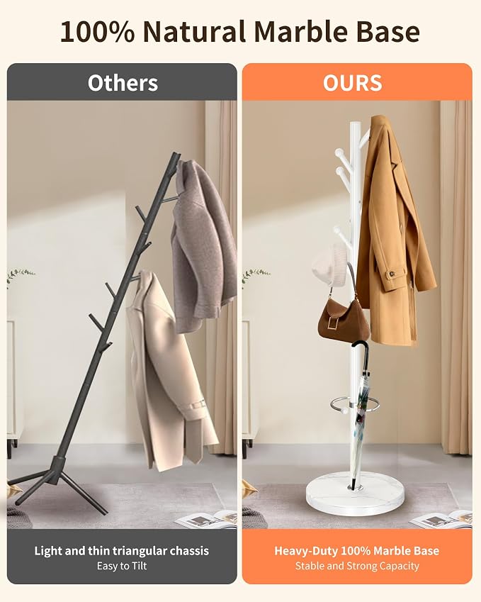 ZOZOE Coat Rack Stand, White Coat Rack Freestanding with Umbrella Holder | Coat Rack with Natural Marble Base,Modern Coat Stand with 8 Hooks,Clothes Tree Stand for Bags Hats in Hallway Entryway Corner