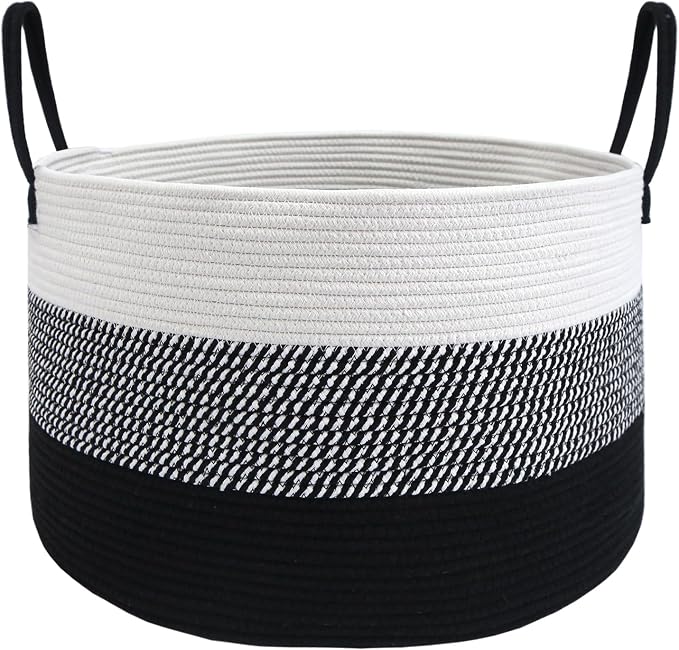 JMvicyroam 65L Extra Large Machine Washable Cotton Rope Blanket Basket | Collapsible laundry hamper, Reinforced handles, For blankets,pillows,toys and clothes, Living room and bedroom,White&BlackMix