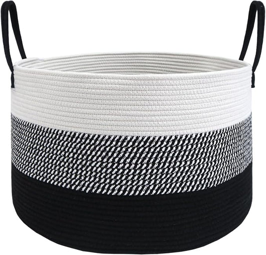 JMvicyroam 65L Extra Large Machine Washable Cotton Rope Blanket Basket | Collapsible laundry hamper, Reinforced handles, For blankets,pillows,toys and clothes, Living room and bedroom,White&BlackMix