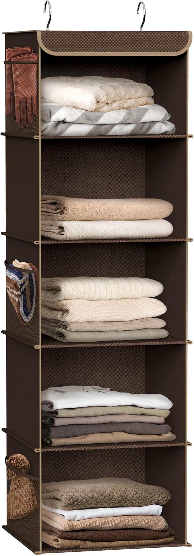 Simple Houseware 5 Shelf Hanging Closet Organizer, Brown | 360° Rotating Dual Hooks, Top Support Metal Frame, 6 Side Mesh Pockets