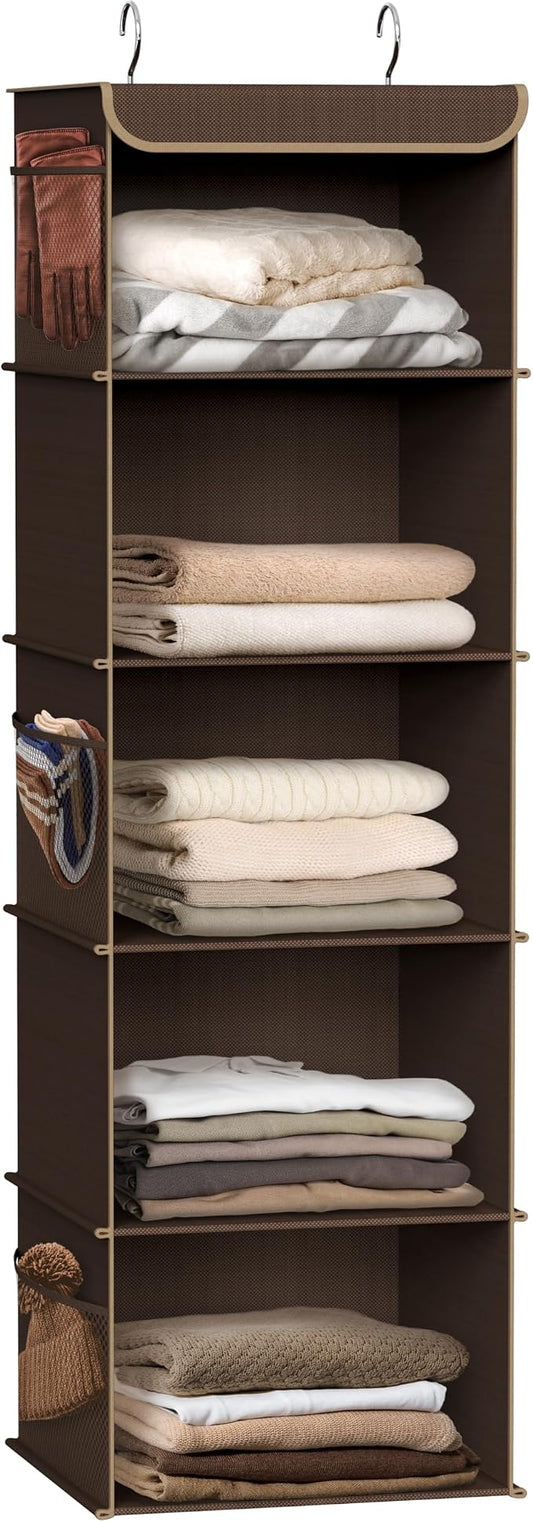 Simple Houseware 5 Shelf Hanging Closet Organizer, Brown | 360° Rotating Dual Hooks, Top Support Metal Frame, 6 Side Mesh Pockets