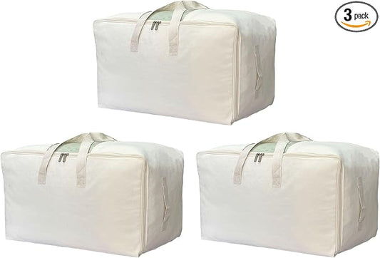 DoYiKe Soft Canvas Clothes Storage Bags with Four Carrying Handles and Clear Window, Closet Organizer for Clothing, Blankets Sheets and Bedding, 55L, 3 Pack, Beige