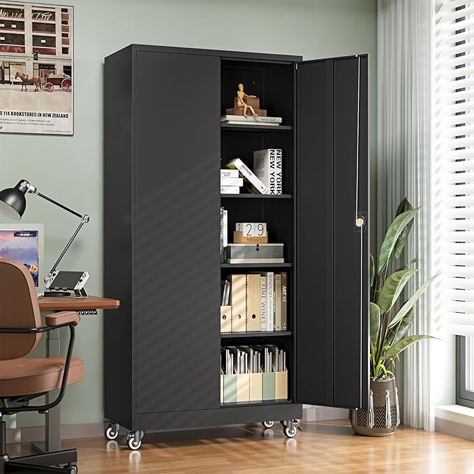 Letaya Metal Garage Storage Cabinets with Wheels,Steel Tool Cabinets Lock Door and Adjustable Shelves for Home,Office,Warehouse Organisieren (Black, 75" H)