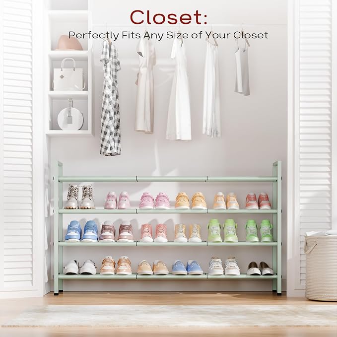 Bumusty 4 Tier Long Expandable Shoe Rack for Closet, Green | 18"-44" Adjustable Shoe Rack for Entryway, Shoe Organizer for Dorm, Front Door, Sturdy Metal