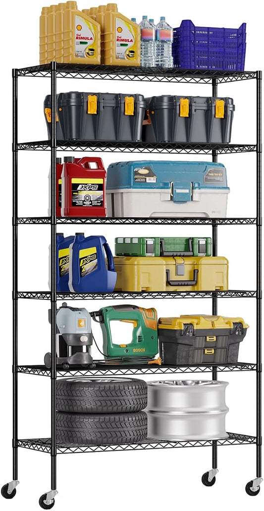 FDW | 6-Tier Wire Storage Shelves with Wheels | 45"x18"x82" | Black | Adjustable Racks | Heavy-Duty Metal Shelf, Holds Upto 2100 lbs | Tool-Free Assembly, Rust-Resistant | for Home & Garage Shelving | Storage Shelves with Adjustable Racks, Holds upto 5...