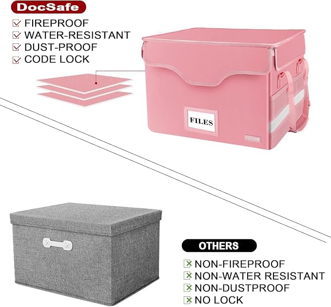 DocSafe Fireproof Document Box with Lock,File Storage Organizer with Pockets,Collapsible Portable File Box Home Office Safe Filing Cabinet with Handle for Hanging Letter/Legal Folders,Pink,2 Pack