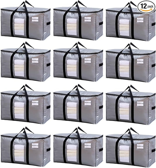TAILI Extra Large Moving Bags, 12 Pack Silver Heavy Duty Totes For Storage with Visible Window, Wrap Around Handles, Storage Bags for Space Saving, Alternative to Moving Boxes