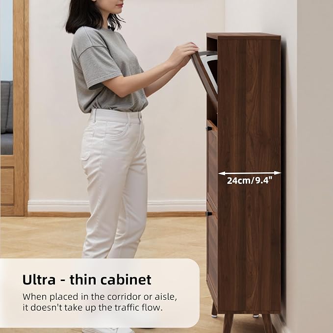 Fsbecl Shoe Storage Cabinet for Entryway with 3 Fluted Flip Drawers, Walnut | 23.6'' Narrow Freestanding Shoe Rack with Adjustment Shelves, Wooden Hidden Organizer for Hallway Foyer, 12-18 Pairs