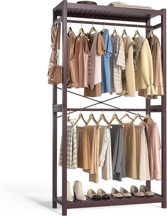 Bamboo Clothes Rack with Shelves and Double Hang Rods, Portable Closet System Garment Rack for Hanging Clothes, Tall Clothing Rack Corner Closet Organizer, Easy to Built, Espresso