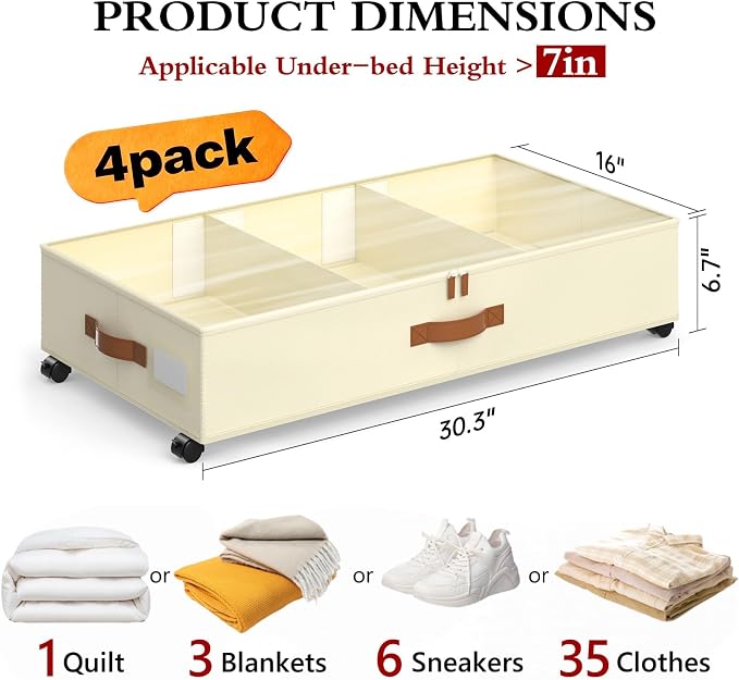 Yecaye Under Bed Storage with Wheels, 4 Pack Under Bed Storage Containers with Adjustable Dividers & Clear Window, Rolling Underbed Organizer Bins Drawers for Clothes, Shoes, Blankets, Beige