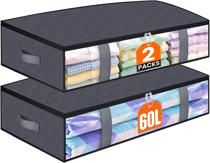 TasticTotes Under Bed Storage Containers, 2 Pack Blanket Storage Bags, Collapsible Storage Bags with Big Zippers, Clear Front, Shoe Storage and Organization for Clothes, Comforter, 60L, Grey