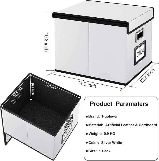 File Organizer Box with Lids, Collapsible File Folder Organizer | File Box with Plastic Slides for Document, Filing Bin for Letter Size Hanging File Folders (1 Pack, Silver, Leather)