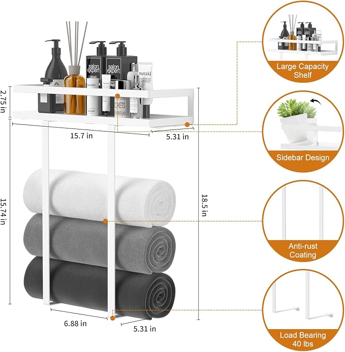 Towel Racks for Bathroom Wall Mounted, Xstydes Metal Towel Holder with Wooden Shelf for Folding Large Towels, Towel Storage for Small Bathroom Organizer Decor or RV Camping,White
