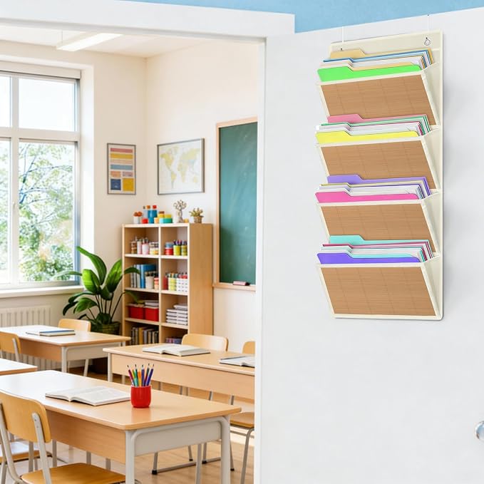 hanging wall file organizer, Over the door file folder organizer with 4 Large Bamboo Pockets, Suitable for Home, Office, Back to School Supplies Storage and Organization (Beige)