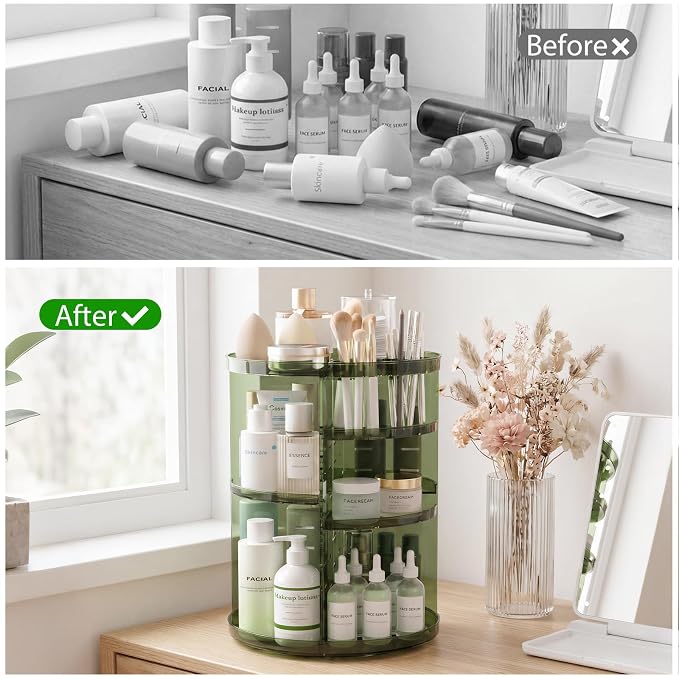 Rotating Makeup Organizer, DIY 8 Adjustable Layers Spinning Skincare Storage, Cosmetic Display Case with Brush Holder and Perfume Tray, Multi-Function Vanity Bathroom Countertop Organizer Clear Green
