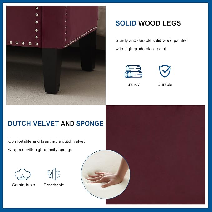 Storage Ottoman Bench, Velvet Upholstered Footstool for Bedroom and Living Room, Frosted Flannel Seat with Storage, Wooden Legs & Metal Rivets, Purple