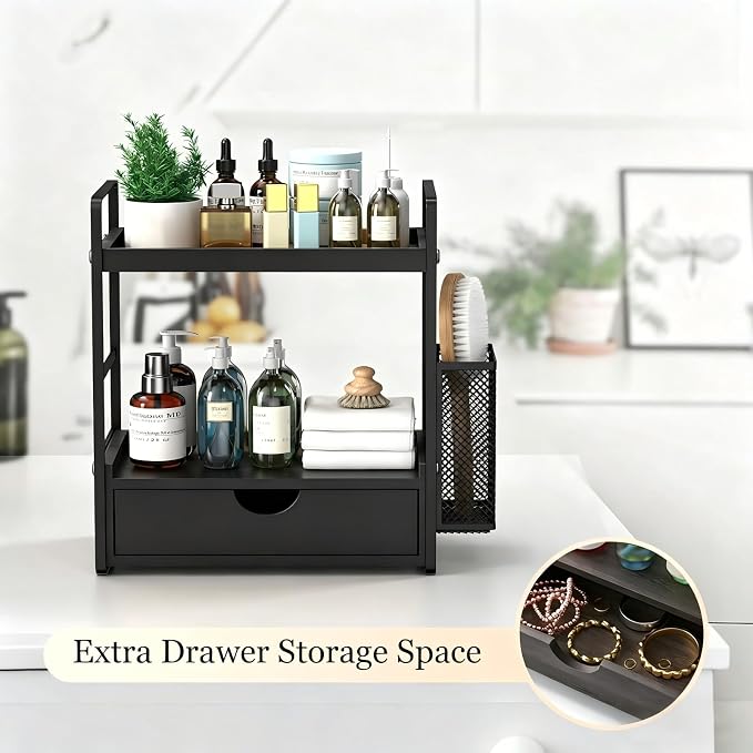 Bathroom Counter Organizer with Basket, Bathroom Organizers and Storage,Skincare Organizers for Vanity,Storage Organizers for Bathroom, Kitchen, Dresser (Black with Drawer)