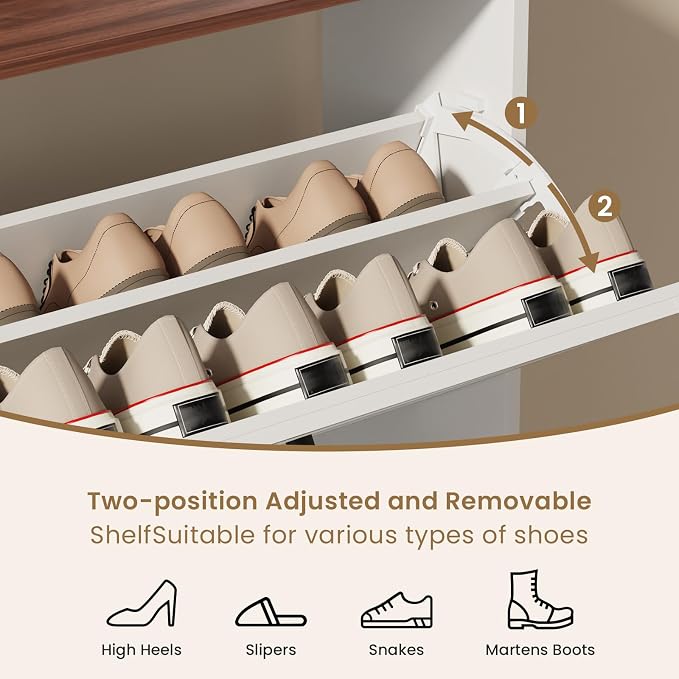 Farmhouse Shoe Cabinet Organizer with 3 Flip Drawers, 31.5" W White | Freestanding shoe cabinet with flip drawers ,space-saving storage for foyer hallway,Adjustable Shelves & 2 Hooks
