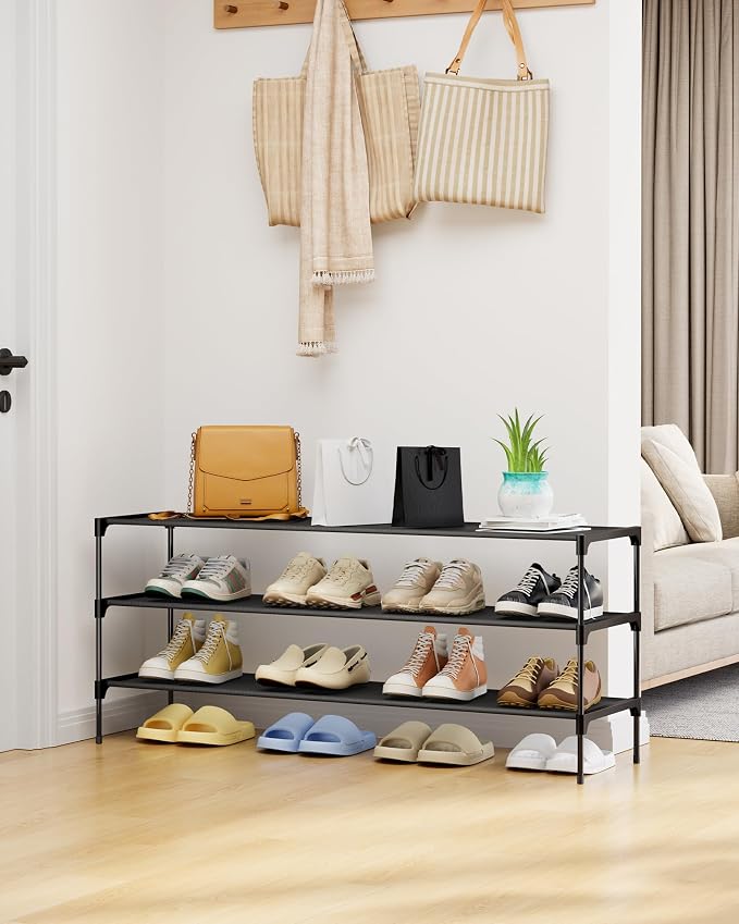 Kitsure Shoe Rack - Non-Woven Shoe Rack Shelf, 43.3" Wide - 3 Tier, Black | Shoe Organizer for Closet, Entryway, Garage, Stackable Shoe Shelves, college dorm&apartment essentials