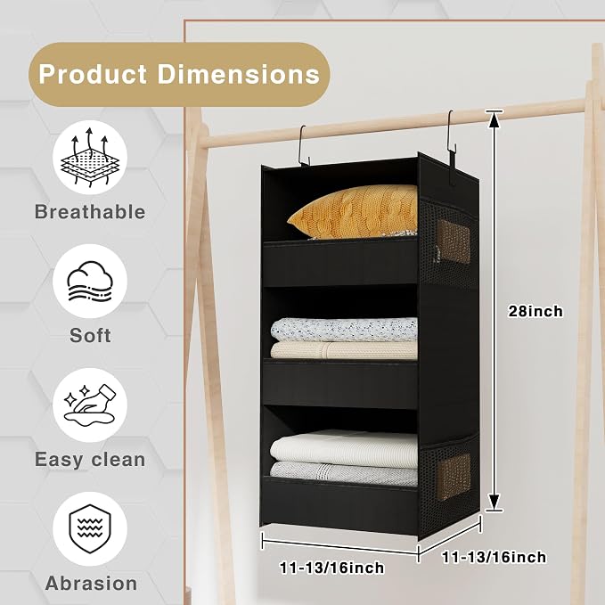 3-Shelf Hanging Closet Organizer, Washable Foldable Storage Shelves, Black | Front lip keeps items secure; side pockets add room; Oxford fabric handles towels, shirts, baby items, dorms, RVs or travel.
