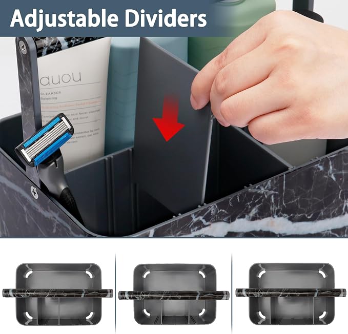 BYUNER Plastic Shower Caddy Dorm: Portable Bathroom Caddy Organizer for College with Handle and Adjustable Divider, Utility Hard Shower Basket Bath Tote for Toiletry, Shampoo, Soap (Black Marble)