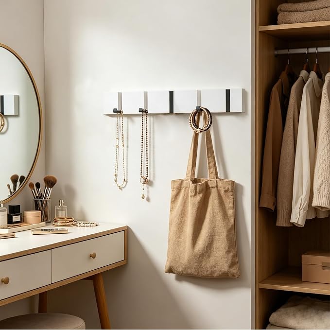 Wall Mounted Coat Rack, Heavy Duty Folding Coat Hooks Wood Retractable Wall Hooks for Hanging Purse Clothes Keys, Towel Hooks Rack for Bathroom Wall Coat Hanger for Entryway (5 Hooks,White)