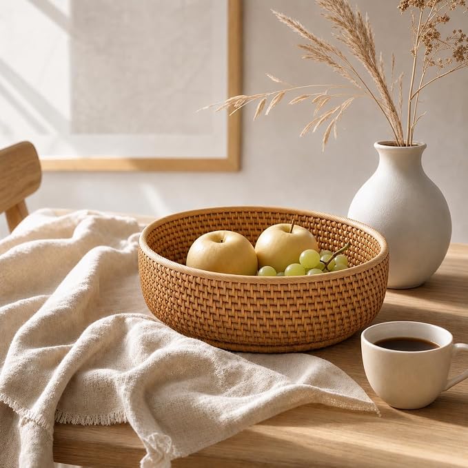 9.3" Rattan Storage Basket – Handmade Decorative Wicker Basket, Home Organization Natural Bread Basket Fruit Bowl Accessories Stationery Storage, Tabletop Bathroom Office Organizer (M, 9.3" x 3.1")